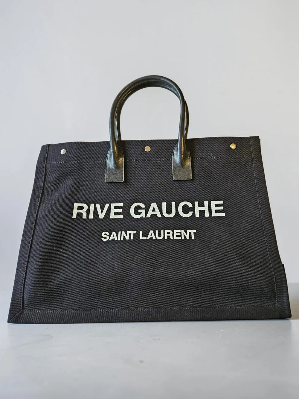 Saint Laurent Black Rive Gauche Canvas Tote with White Logo